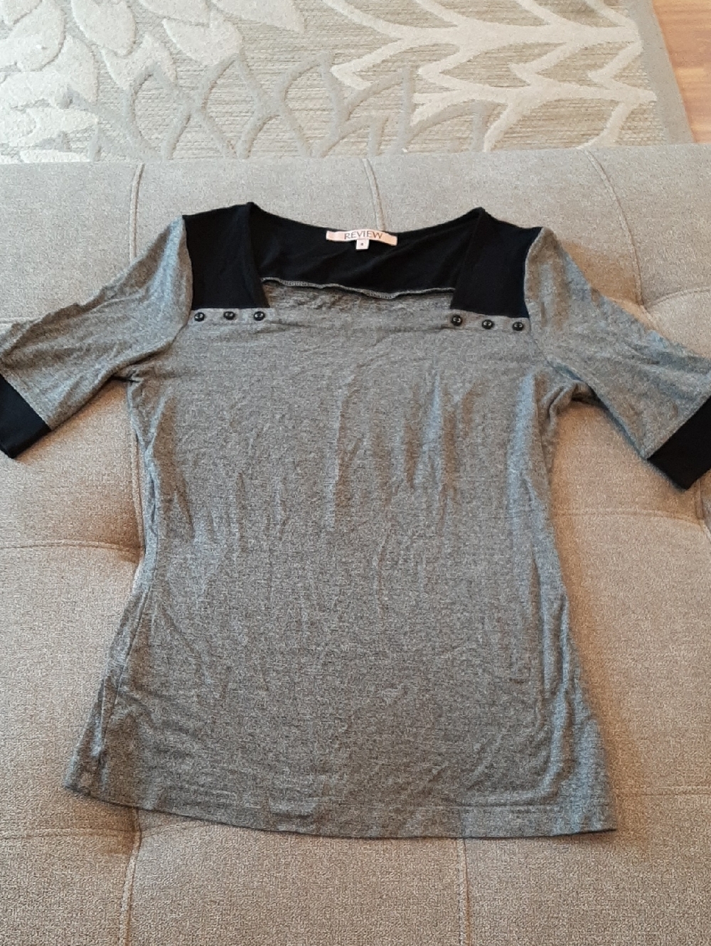 Review Gray Short Sleeve Top with Black Yoke and Cuff Accents